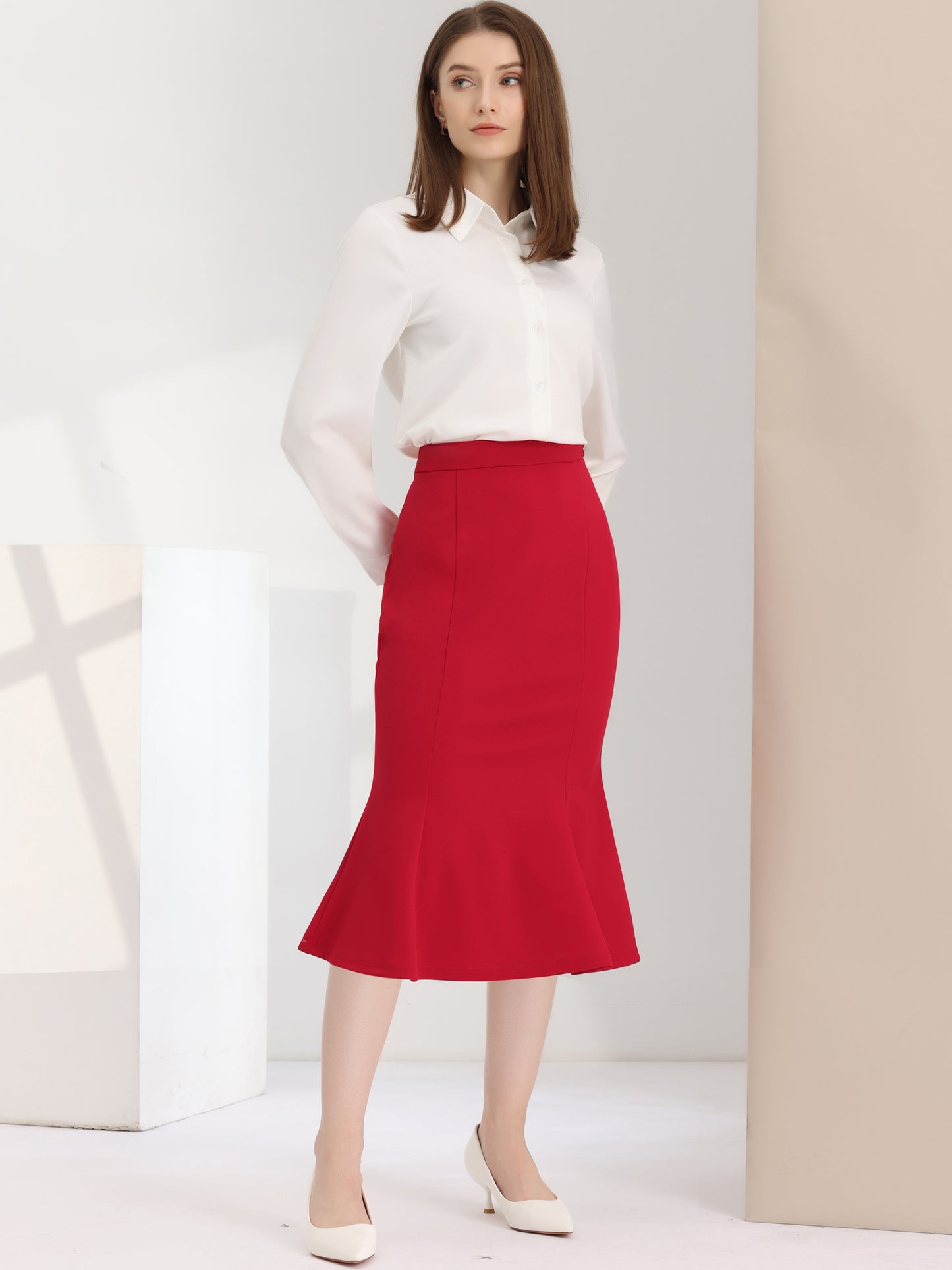 Falda midi de sirena con cola de pez y cintura alta con dobladillo con volantes para mujer