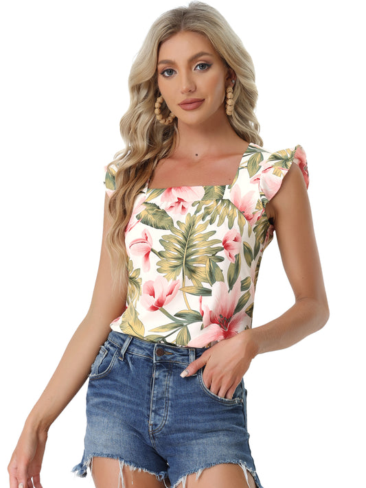 Women's Tropical Tank Top Floral Print Square Neck Summer Beach Vest Top