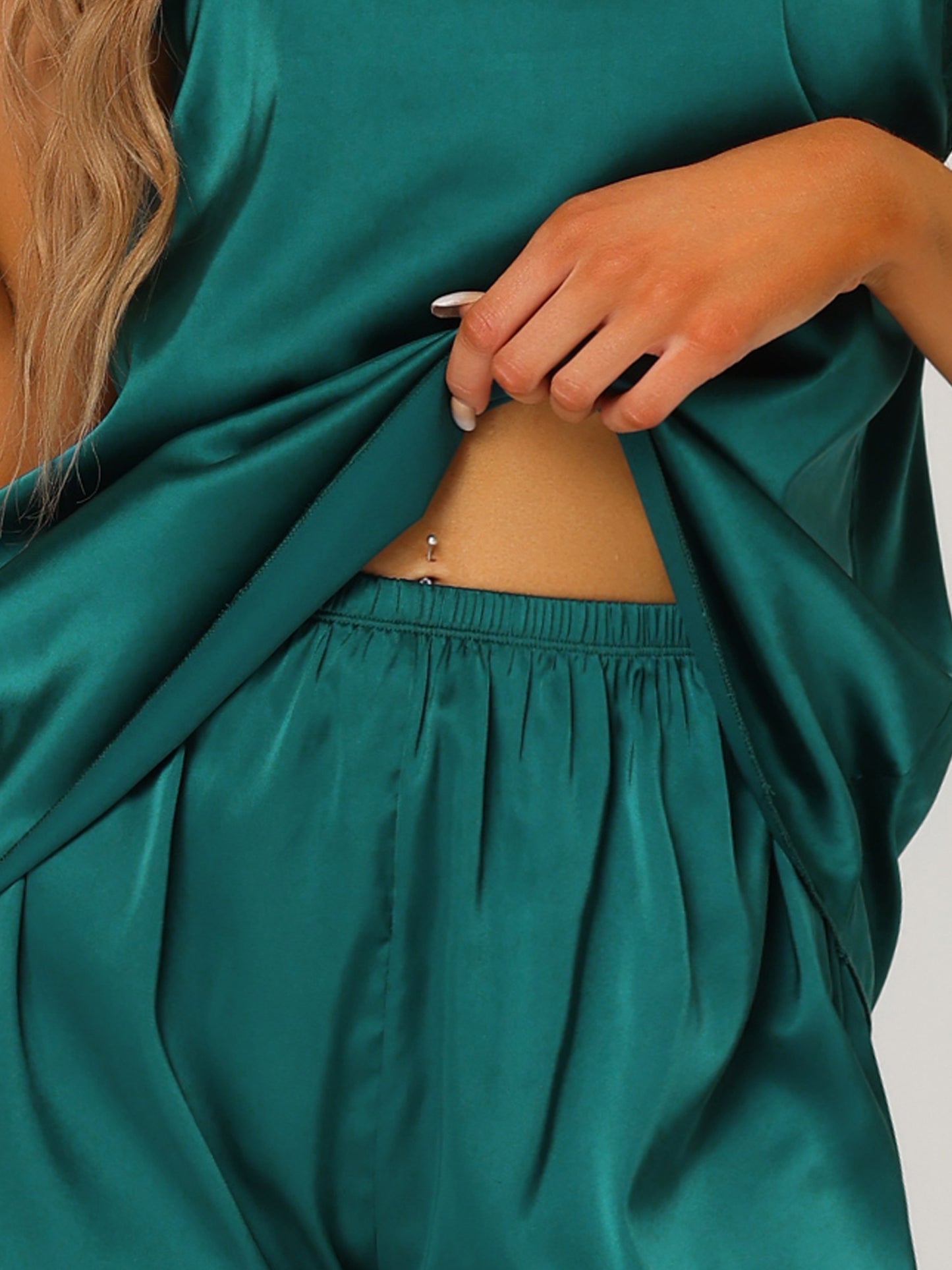 cheibear Satin Lingerie Lace Trim Cami Tops Shorts Sleepwear Pajamas Sets Dark Green