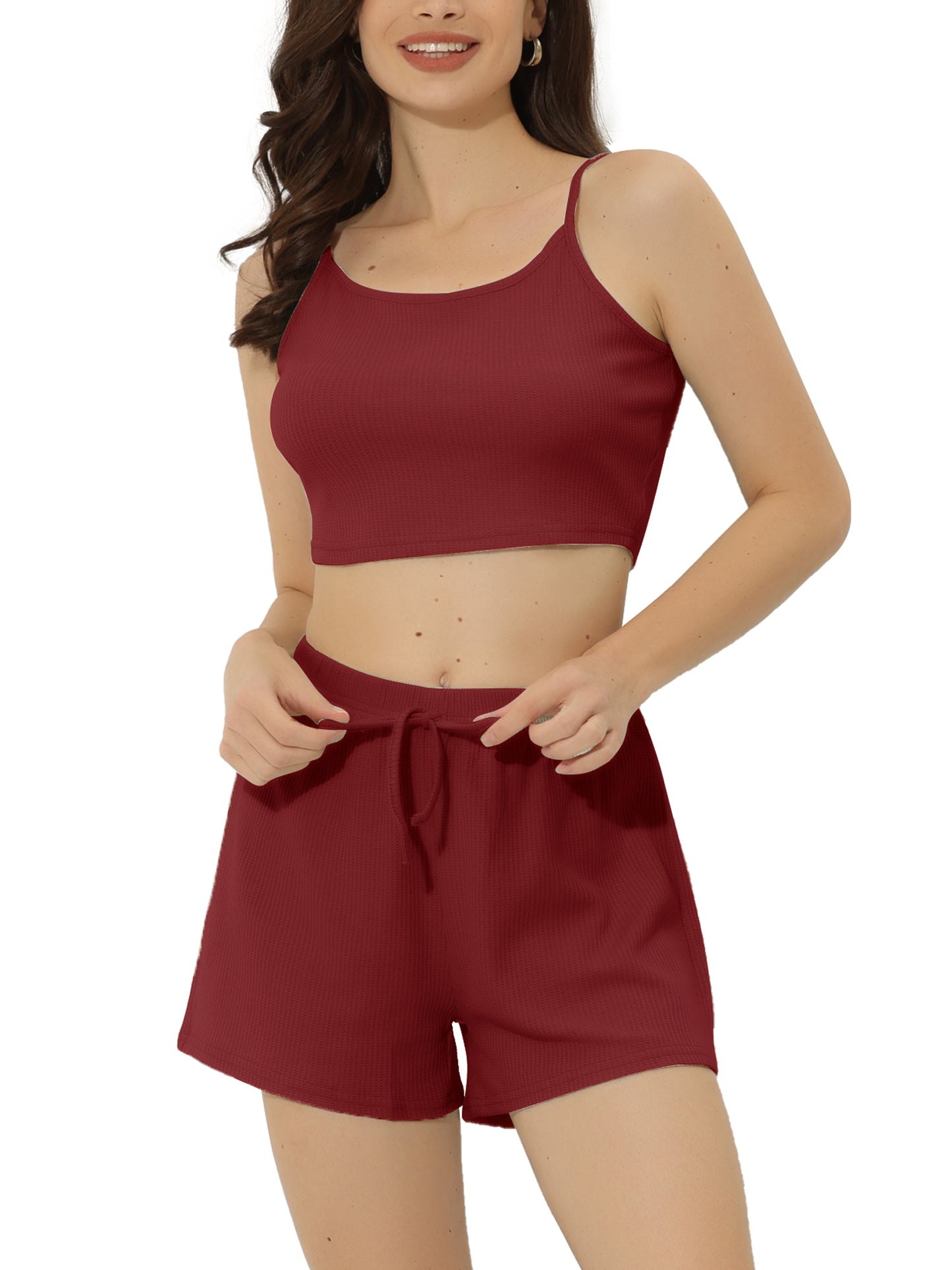 cheibear Pajama Sleeveless Crop Tank Tops and Shorts Strtechy 2pcs Lounge Set Wine Red