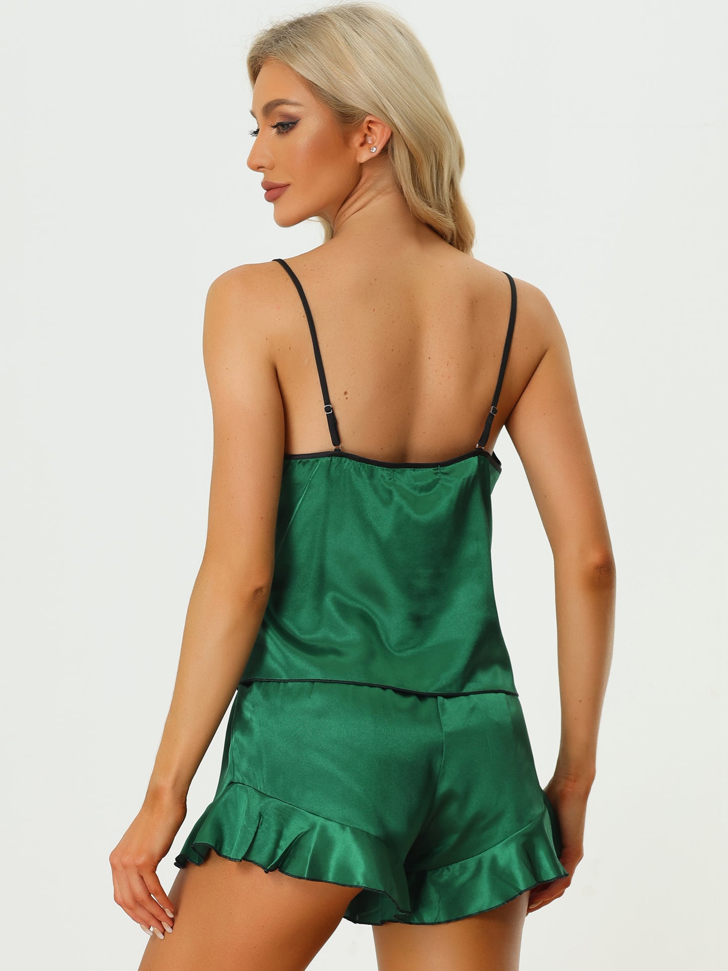cheibear Satin Lingerie Cami Tops Shorts Sleepwear Pajamas Sets Green