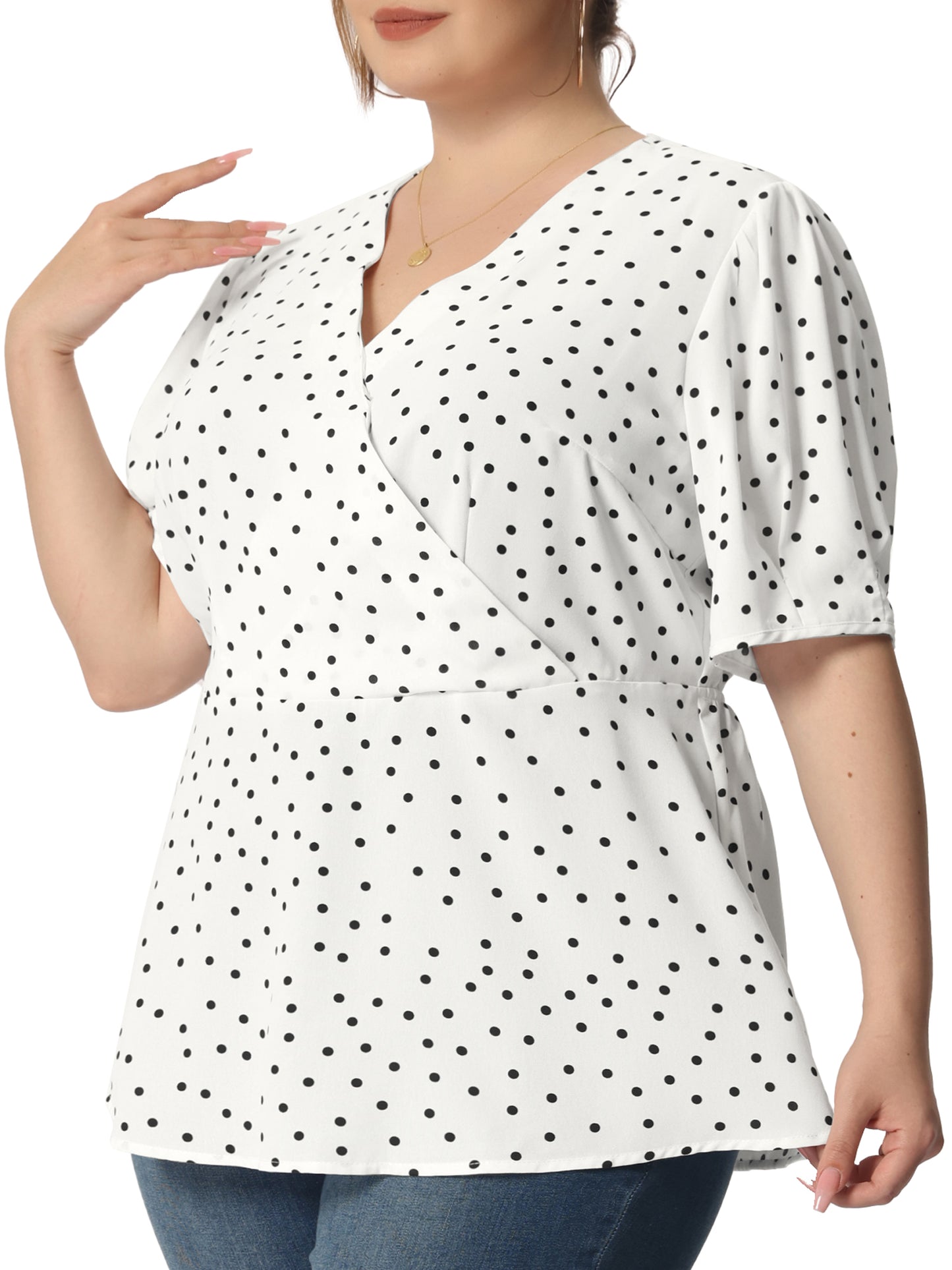Women Plus Size Summer V Neck Wrap Short Sleeve Polka Dots Peplum Top