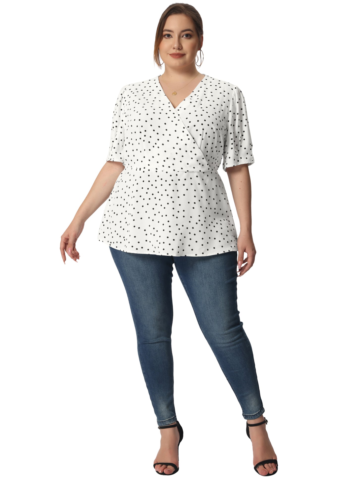 Women Plus Size Summer V Neck Wrap Short Sleeve Polka Dots Peplum Top