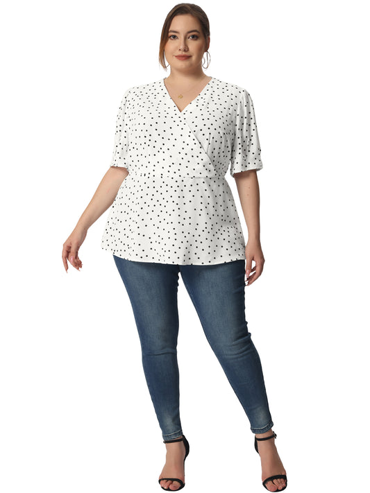 Women Plus Size Summer V Neck Wrap Short Sleeve Polka Dots Peplum Top