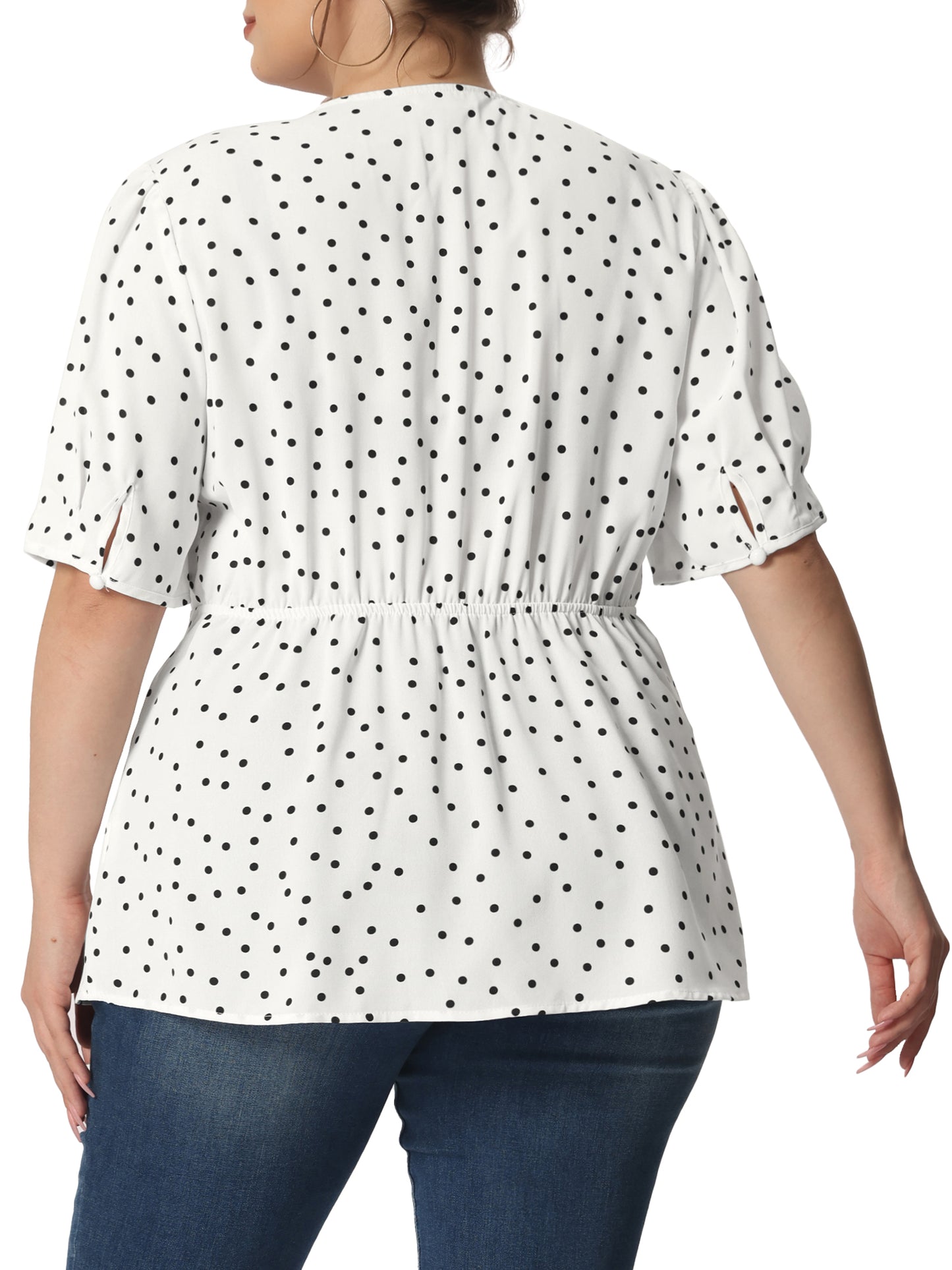 Women Plus Size Summer V Neck Wrap Short Sleeve Polka Dots Peplum Top