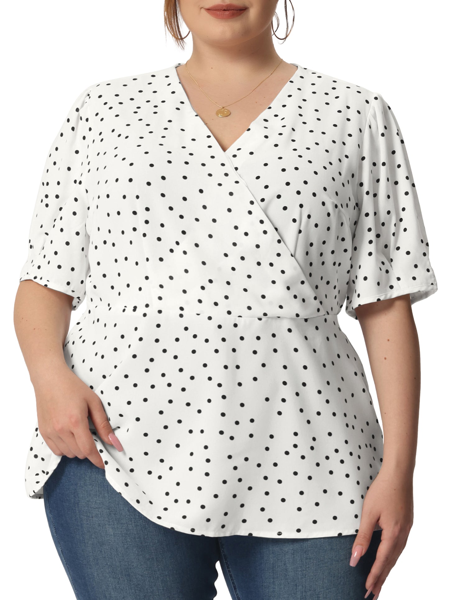 Women Plus Size Summer V Neck Wrap Short Sleeve Polka Dots Peplum Top