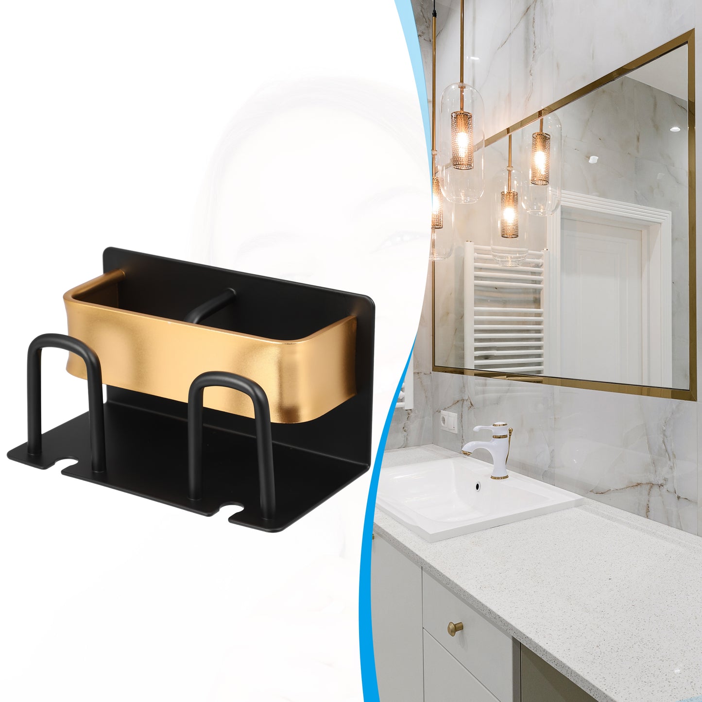Portacepillos de dientes y pasta de dientes de pared para baño, 14 x 7 x 7,6 cm, tono negro y dorado