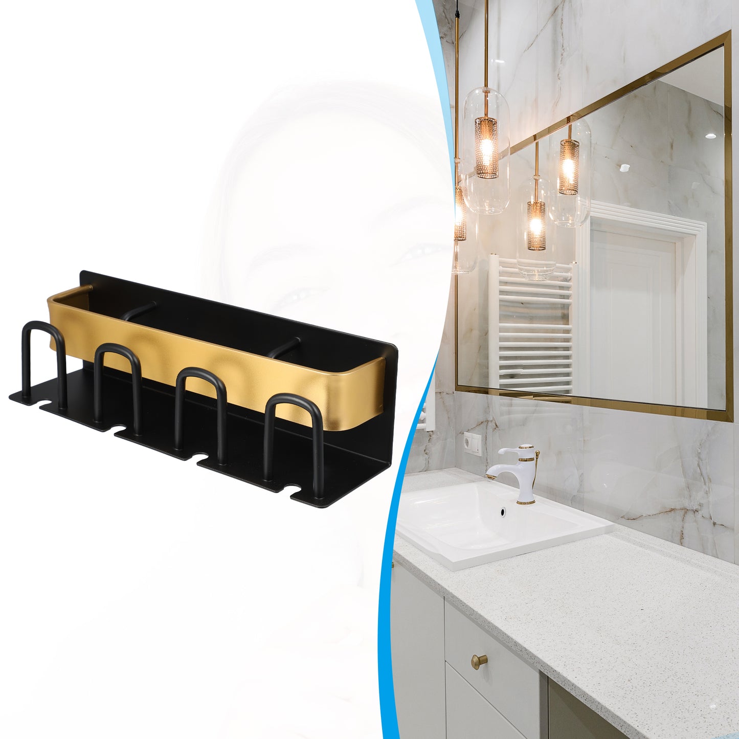 Portacepillos de dientes y pasta de dientes de pared para baño, 26,5 x 7,5 x 7,5 cm, tono negro y dorado