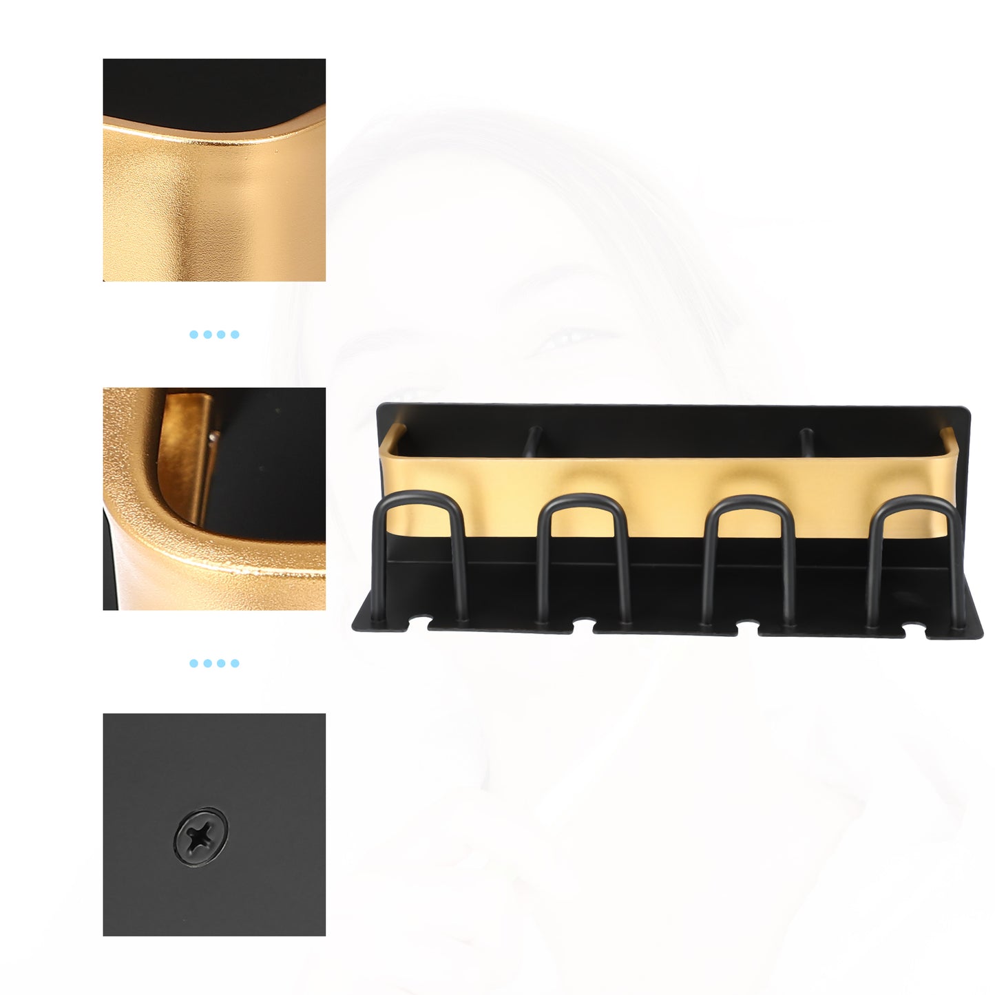 Portacepillos de dientes y pasta de dientes de pared para baño, 26,5 x 7,5 x 7,5 cm, tono negro y dorado