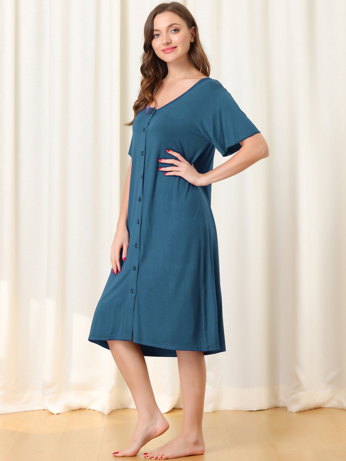 Camisón de manga corta con botones para mujer, vestido de pijama