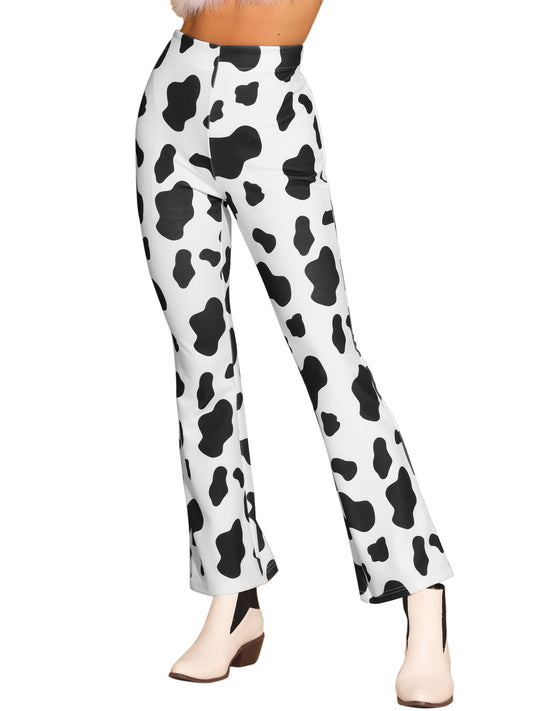 Women's Bell Bottom Long Trouser High Waist Flare Cow Print Pants