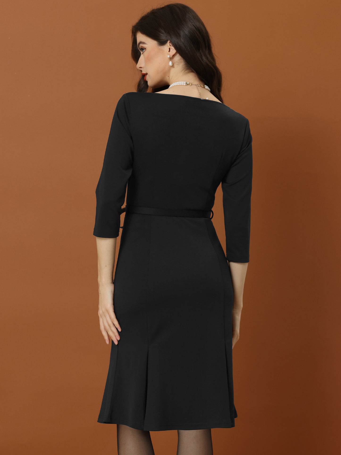 Women's Boat Neck 3/4 Sleeve Pleated Modest Midi Dress Business Elegant Formal Dresses (Available in Plus Size)
