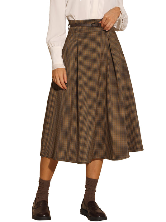 Falda midi de cuadros con cintura alta elástica y cinturón para mujer, estilo vintage, para regreso a casa, invierno y otoño