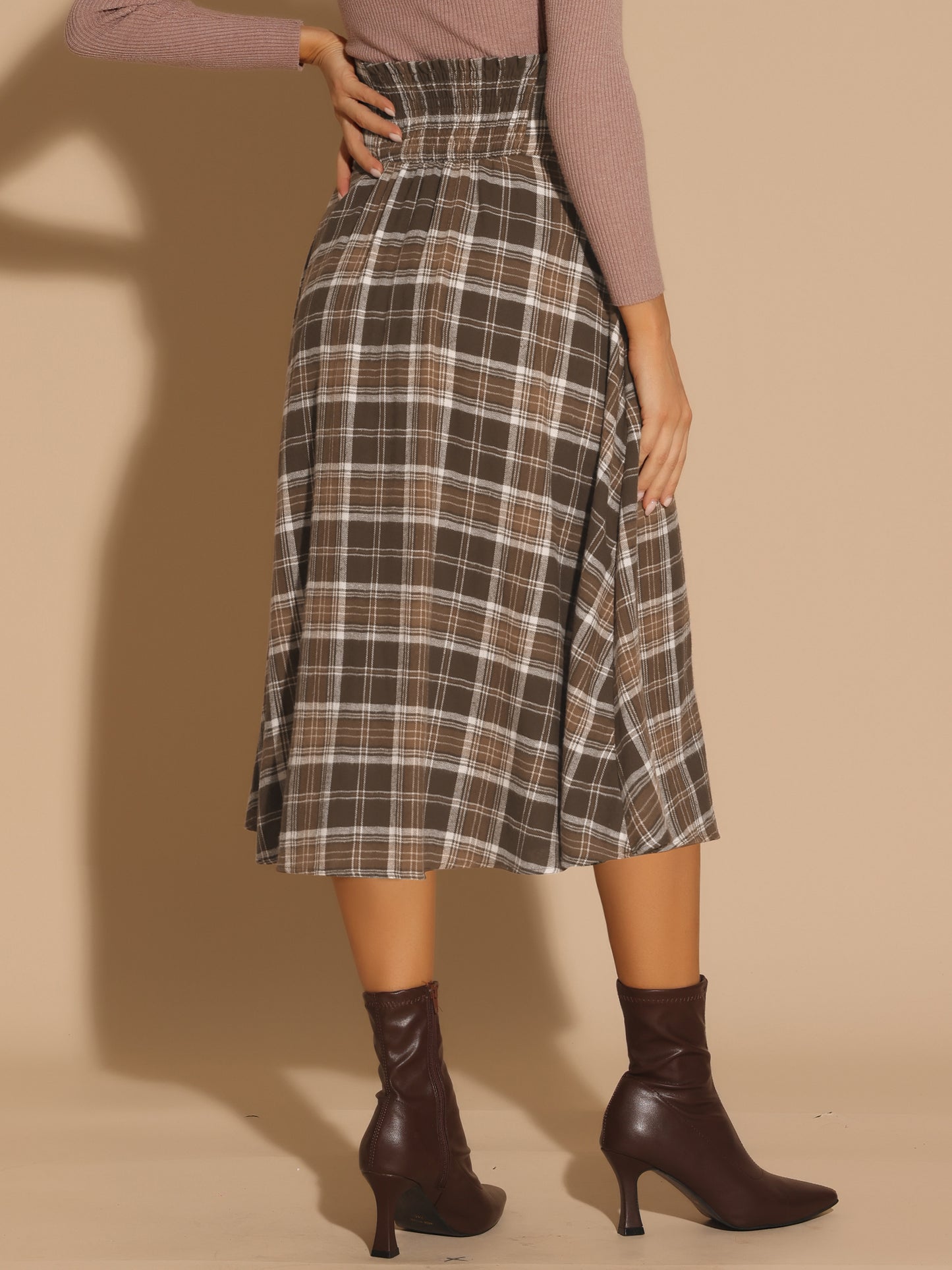 Falda a cuadros vintage para mujer, cintura alta elástica, corte A, midi, para otoño e invierno