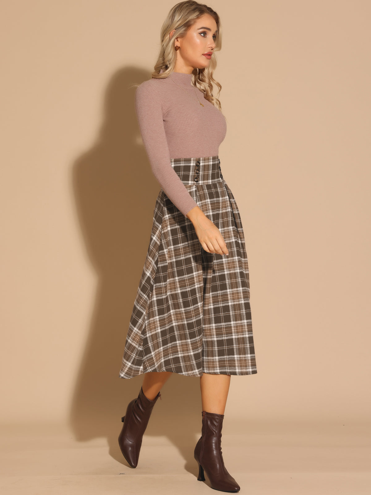 Women's Vintage Plaid High Elastic Waist Fall Winter A-Line Tartan Midi Skirt