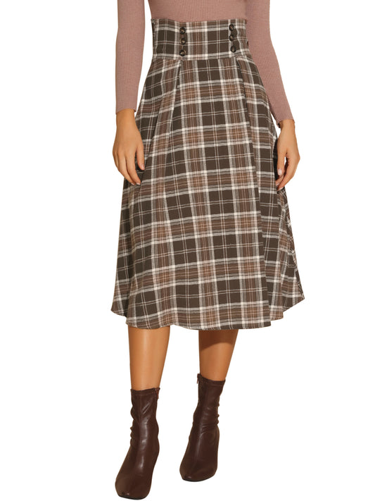 Falda a cuadros vintage para mujer, cintura alta elástica, corte A, midi, para otoño e invierno