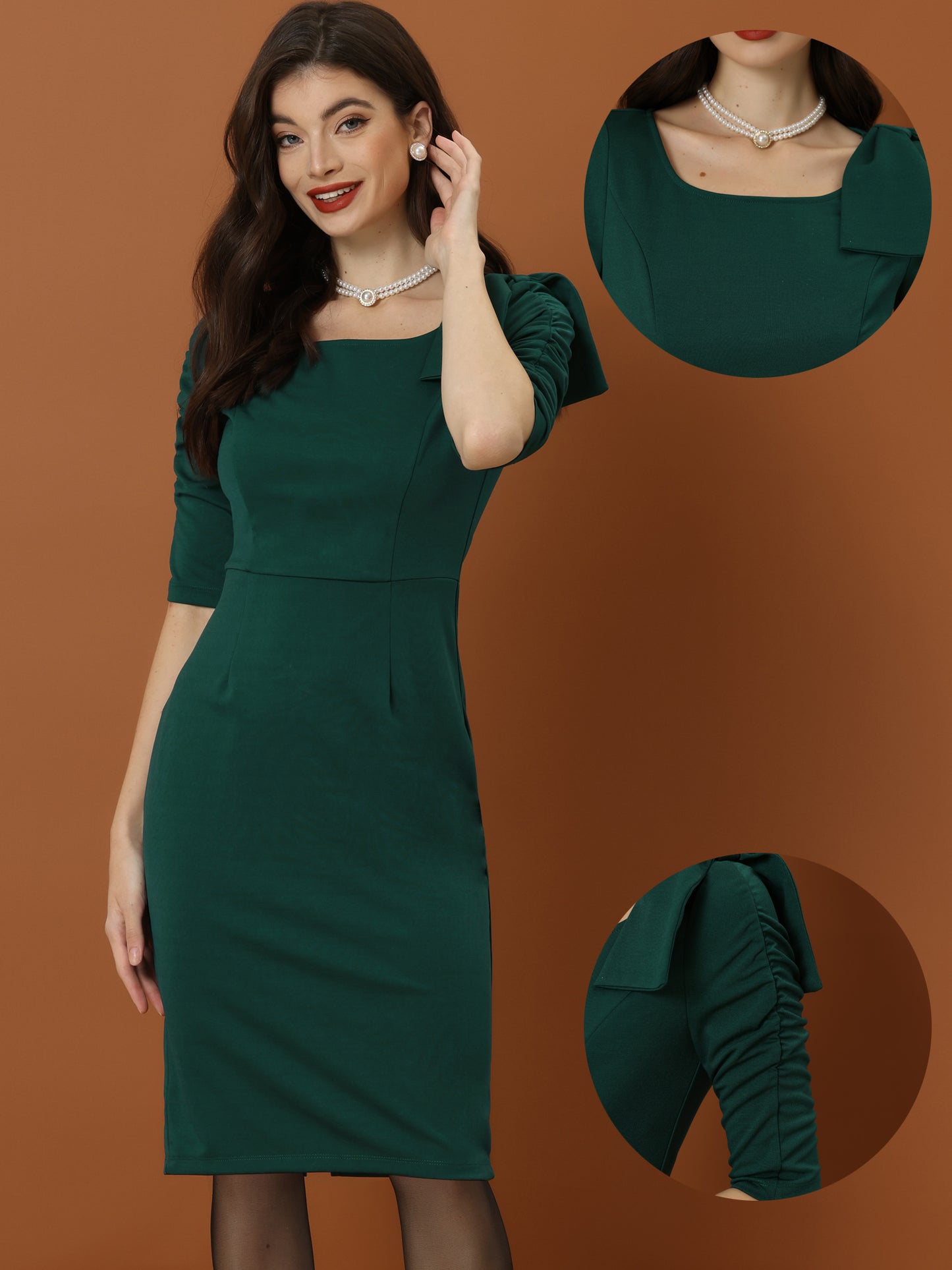 Women's Sheath Pencil Dress Work Casual Square Neck Ruched Sleeve Bow Bodycon Cocktail Dress