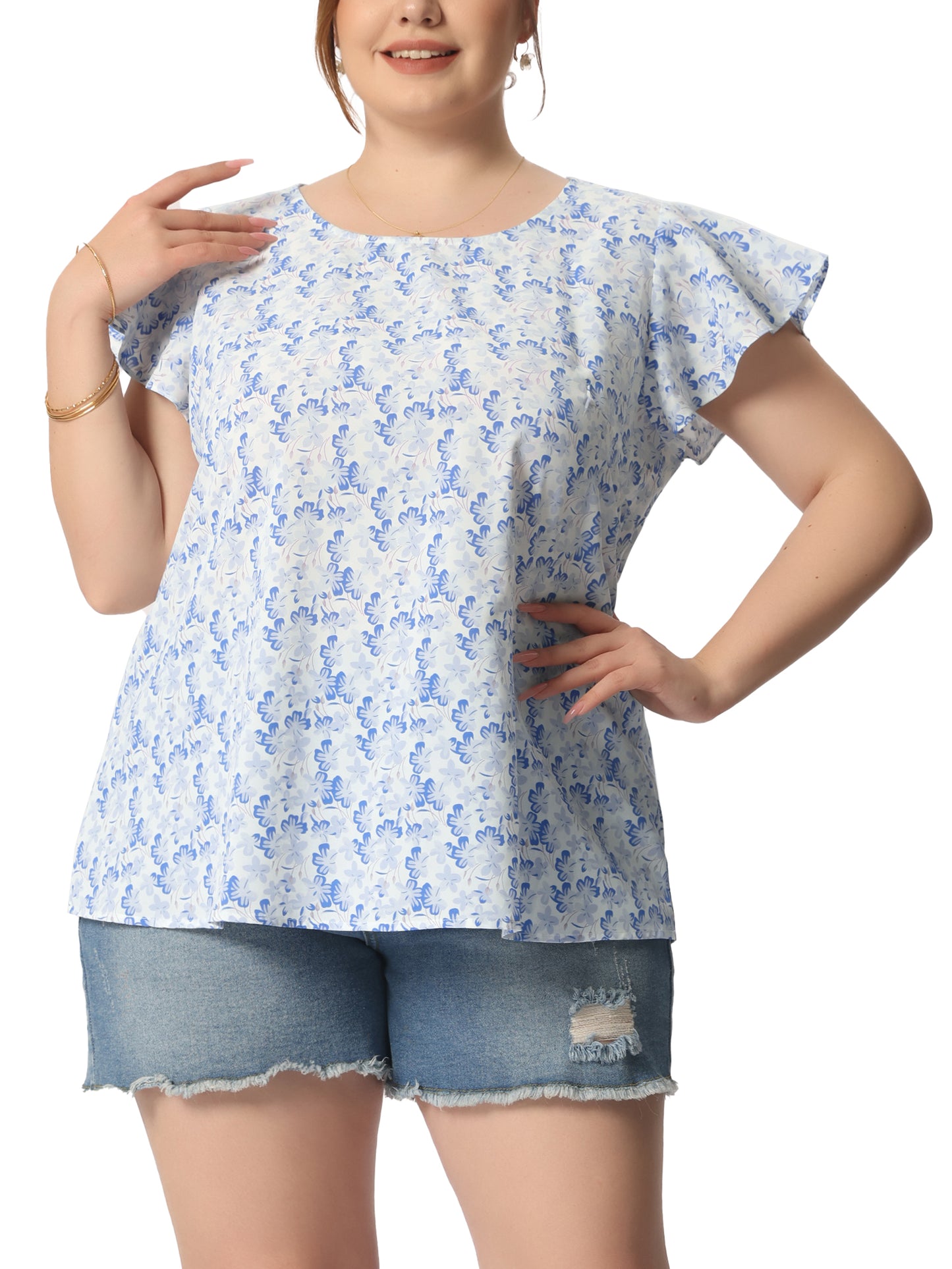 Women's Plus Size Summer Top Floral Round Neck Short Sleeves Ruffle Casual Blouse