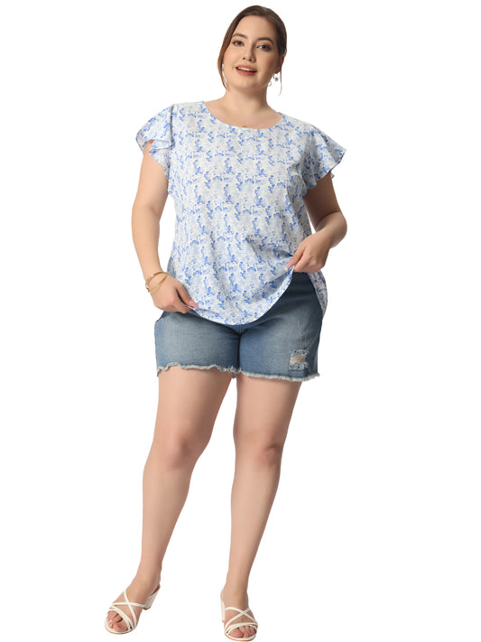 Women's Plus Size Summer Top Floral Round Neck Short Sleeves Ruffle Casual Blouse