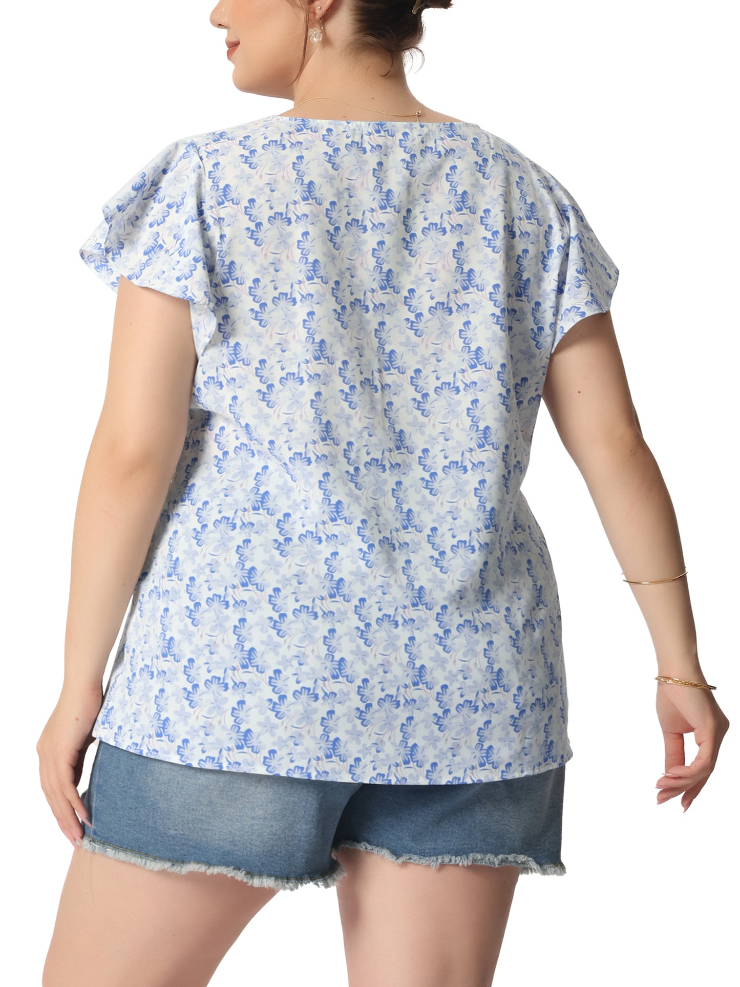 Women's Plus Size Summer Top Floral Round Neck Short Sleeves Ruffle Casual Blouse