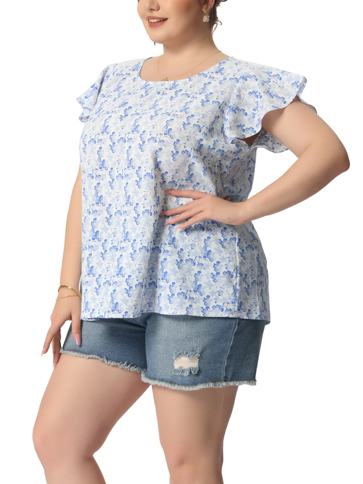 Women's Plus Size Summer Top Floral Round Neck Short Sleeves Ruffle Casual Blouse