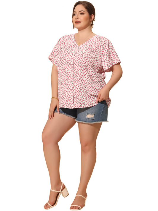 Women Plus Size Blouses V Neck Button Short Sleeve Floral Shirt Top