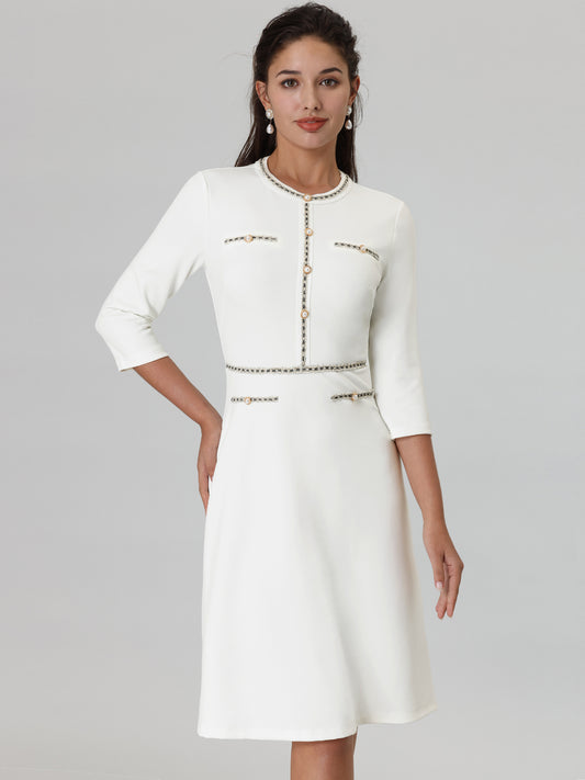 Women's 3/4 Sleeve Elegant A-Line Office Tweed Formal Dresses