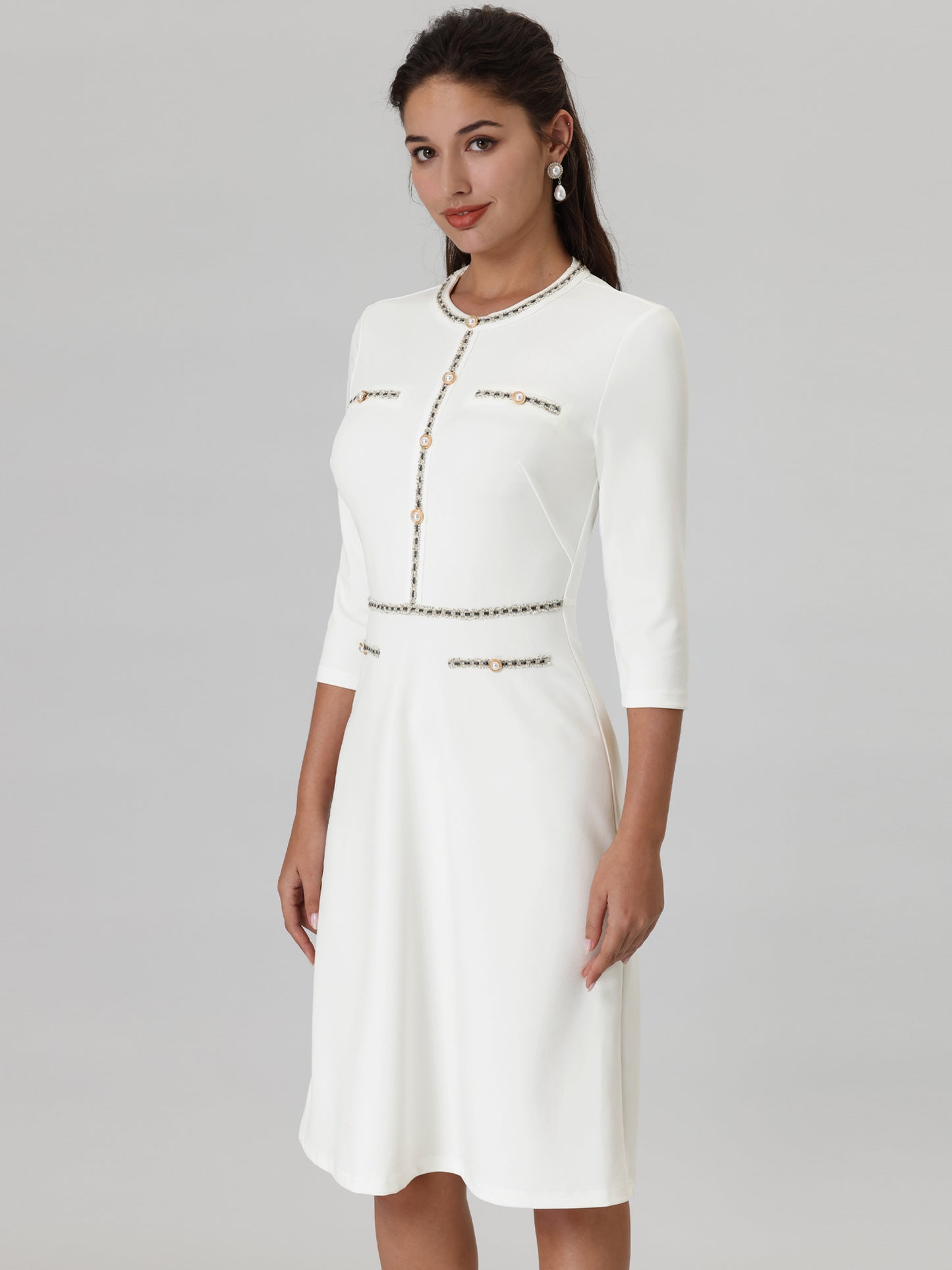 Women's 3/4 Sleeve Elegant A-Line Office Tweed Formal Dresses