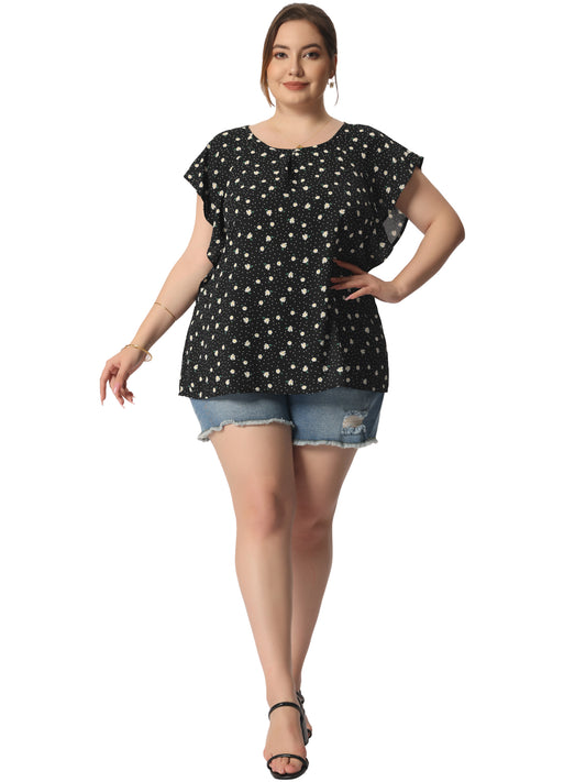 Women Plus Size Top Round Neck Short Sleeve Ruffle Summer Polka Dots Floral Blouse