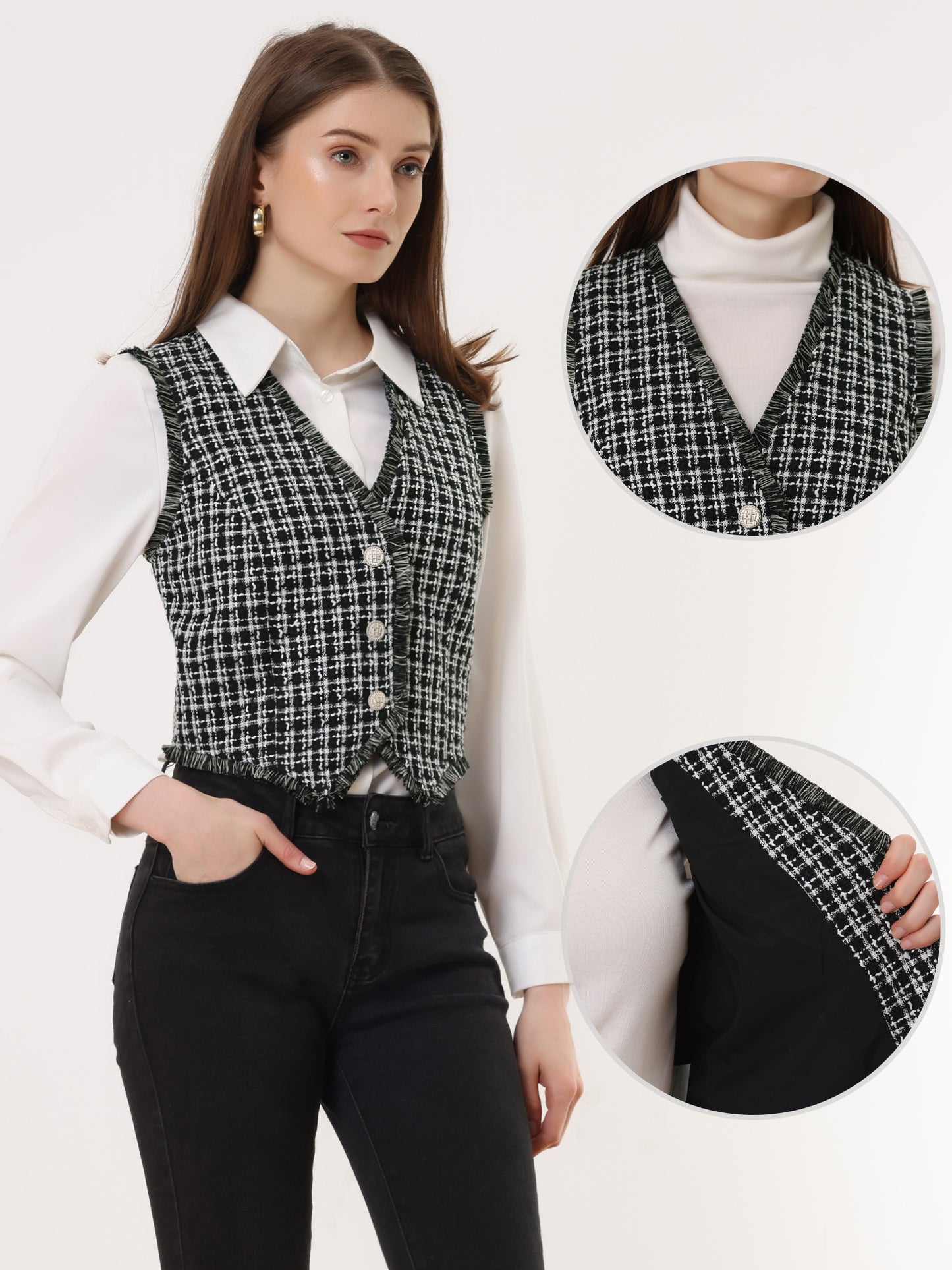 Women's Plaid Waistcoat Fringe Trim Tweed Suit Vest