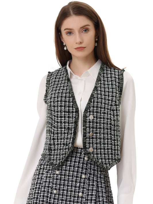 Women's Plaid Waistcoat Fringe Trim Tweed Suit Vest