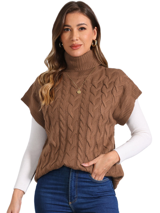 Women's Casual Turtleneck Twist Sleeveless Vest Solid Color Knit Pullover Sweater