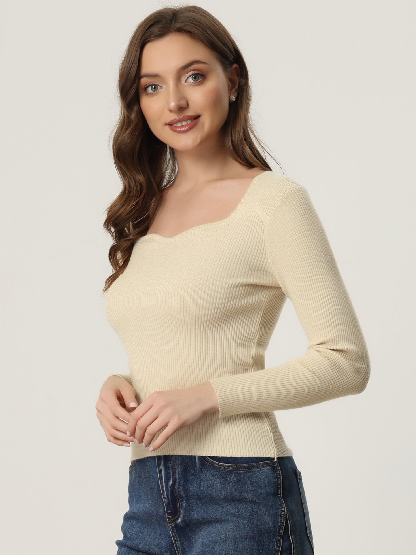 Suéter informal de cuello en forma de corazón para mujer, suéter de manga larga, suéter ajustado