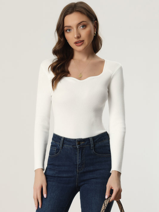 Women's Casual Sweetheart Neck Sweater Long Sleeve Top Slim Fit Pullover Sweater