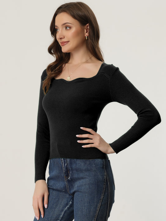 Women's Casual Sweetheart Neck Sweater Long Sleeve Top Slim Fit Pullover Sweater