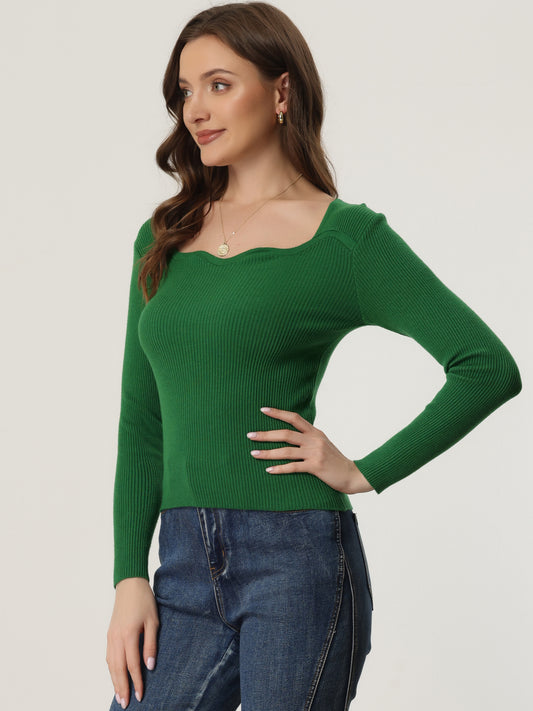 Women's Casual Sweetheart Neck Sweater Long Sleeve Top Slim Fit Pullover Sweater
