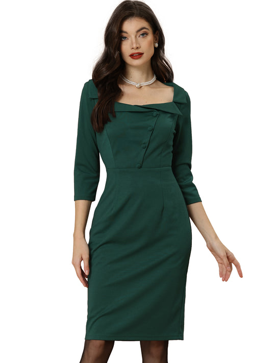 Women's 3/4 Sleeve Square Neck High Waist Formal Party Bodycon Work Pencil Dress