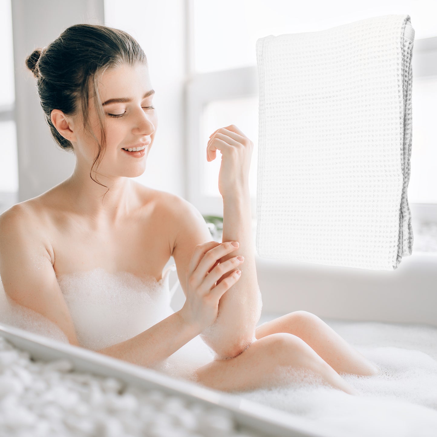 1 Pc Waffle Weave Soft Absorbent Cotton Bath Towel, White, 55.12"x27.56"