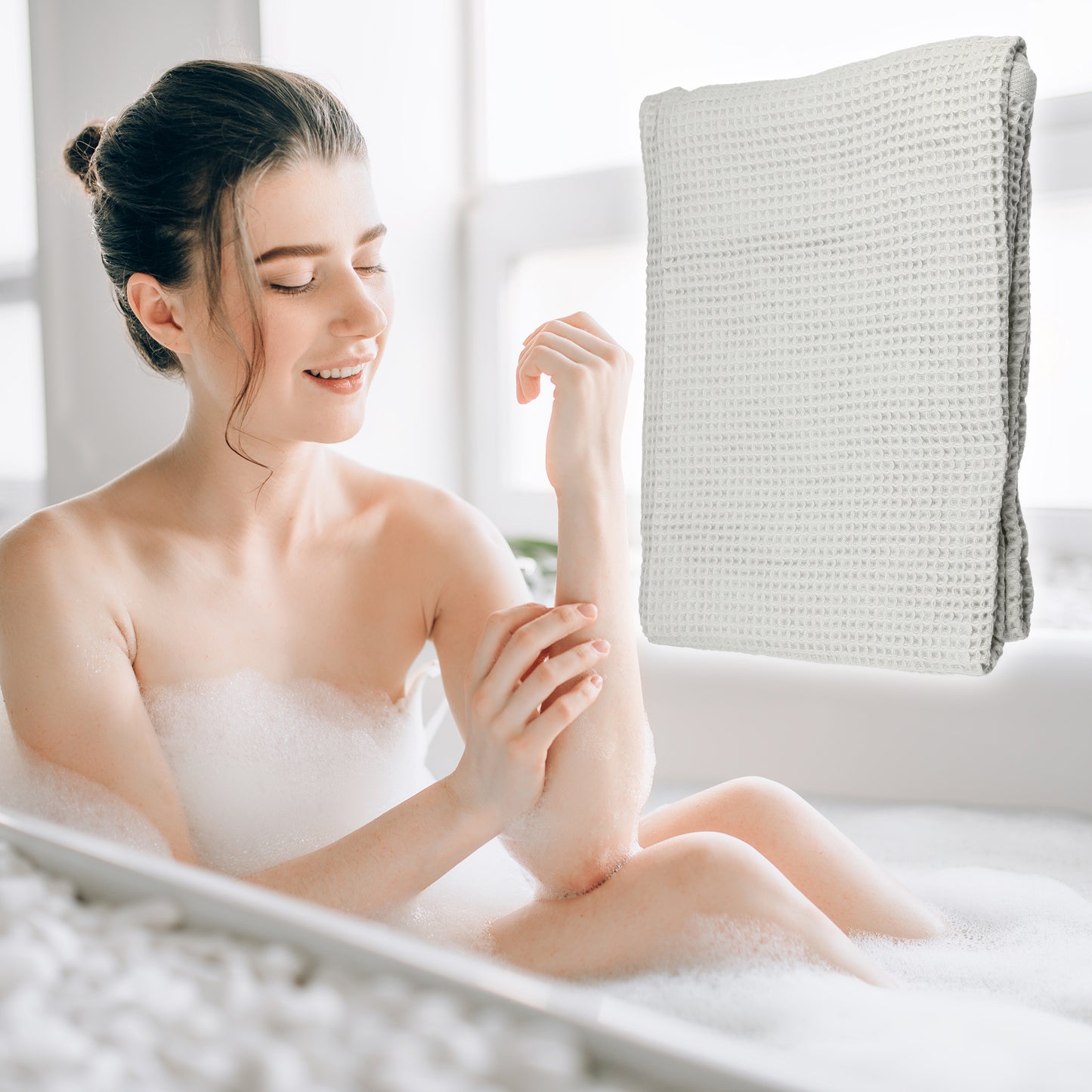 1 Pc Waffle Weave Soft Absorbent Cotton Bath Towel, Gray, 55.12"x27.56"