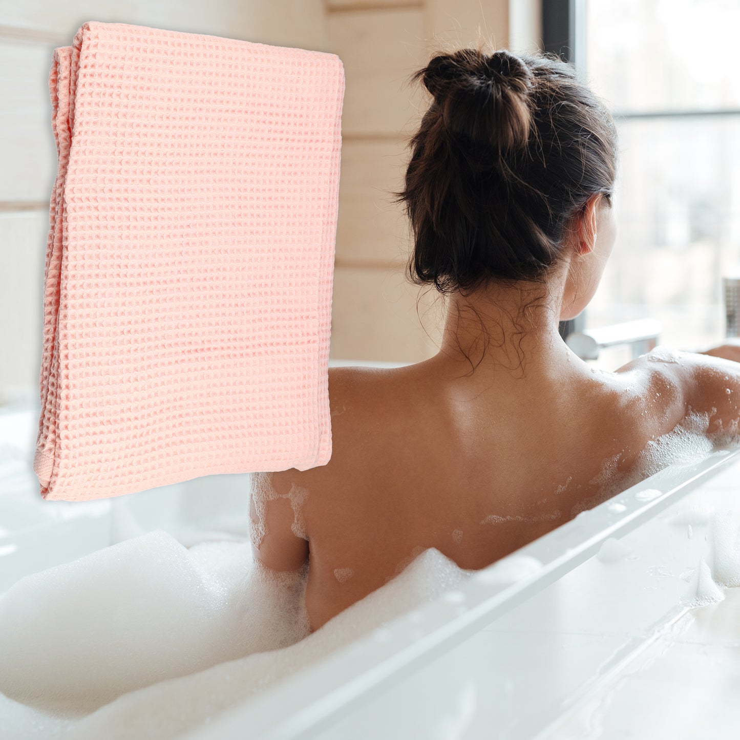 1 Pc Waffle Weave Soft Absorbent Cotton Bath Towel, Pink, 55.12"x27.56"