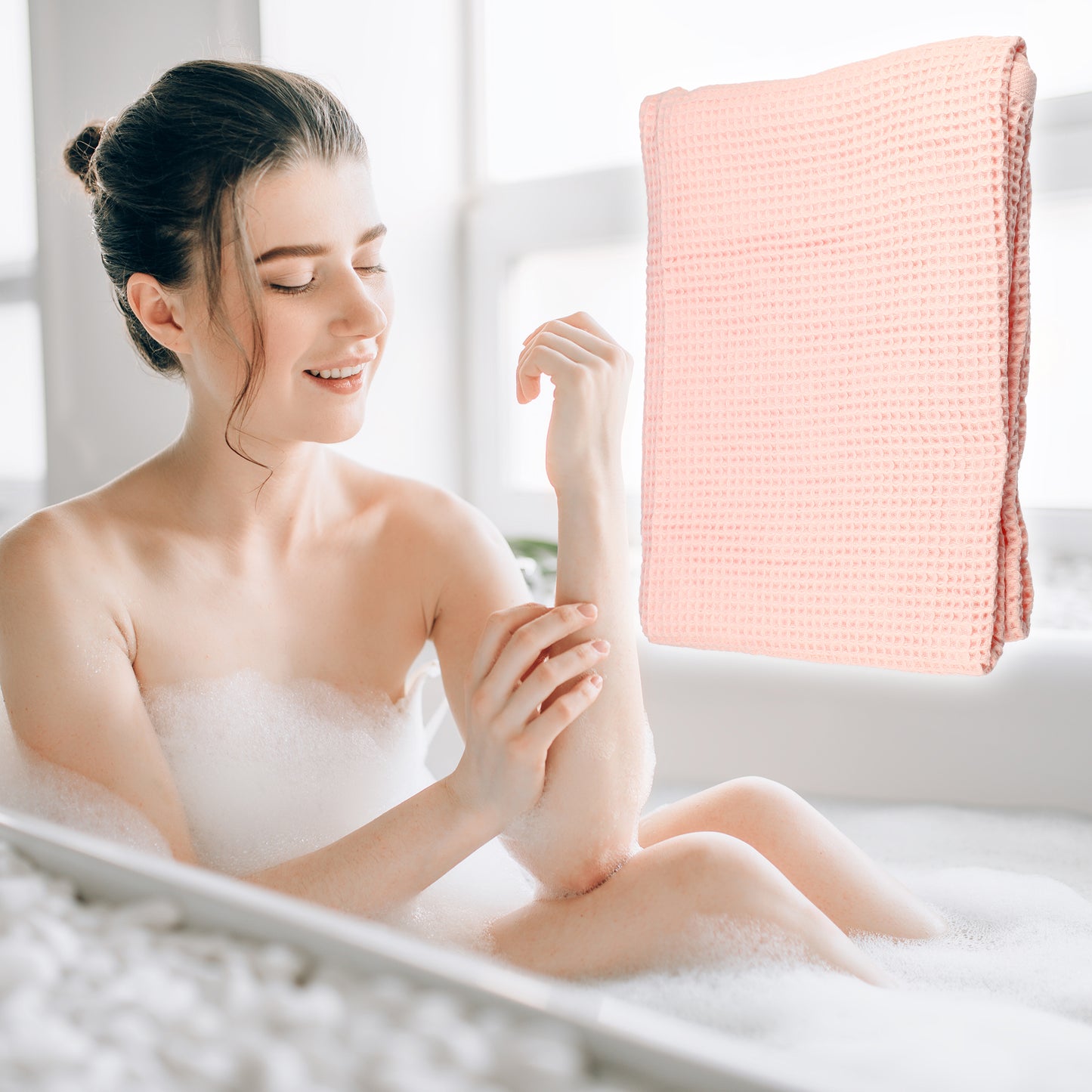 1 Pc Waffle Weave Soft Absorbent Cotton Bath Towel, Pink, 55.12"x27.56"