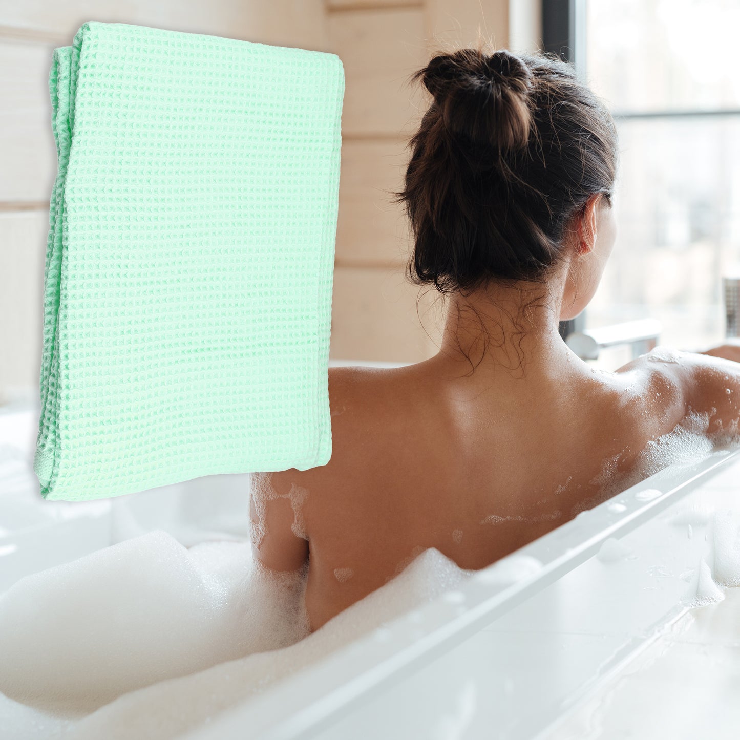 1 Pc Waffle Weave Soft Absorbent Cotton Bath Towel, Green, 55.12"x27.56"