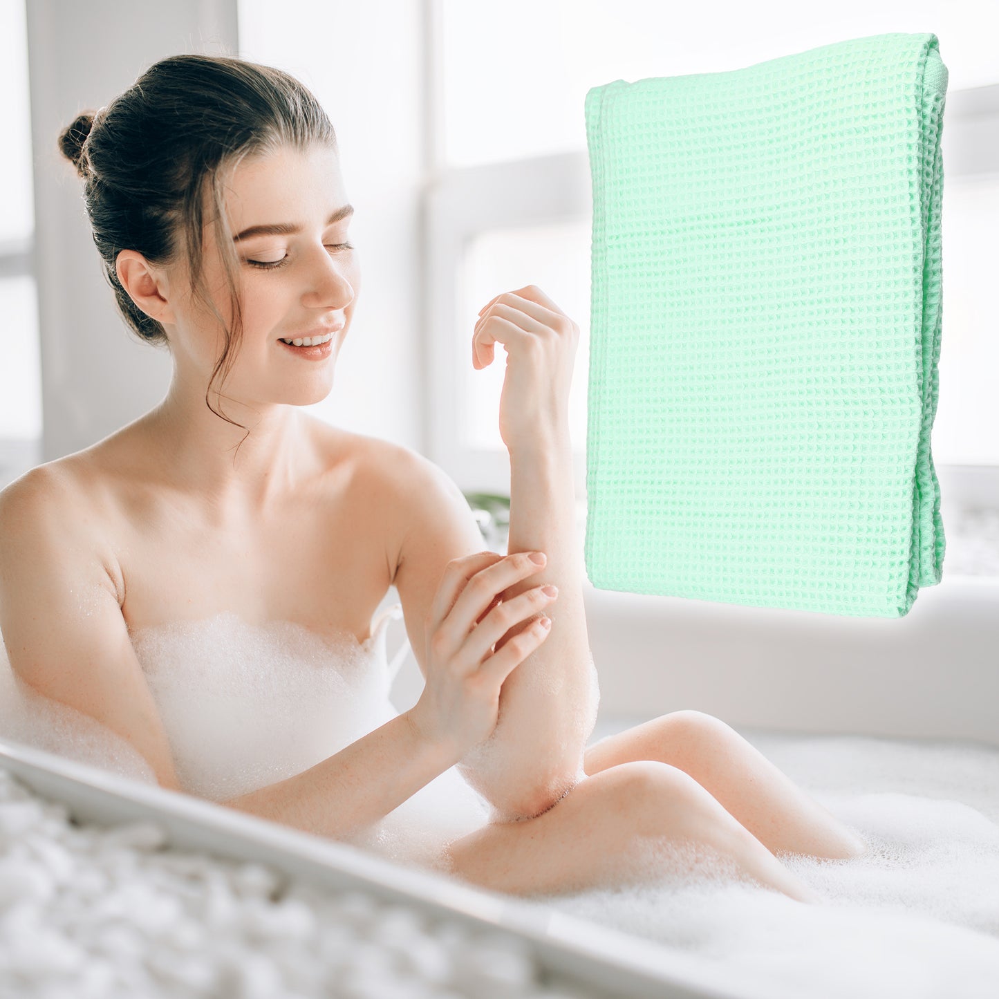 1 Pc Waffle Weave Soft Absorbent Cotton Bath Towel, Green, 55.12"x27.56"