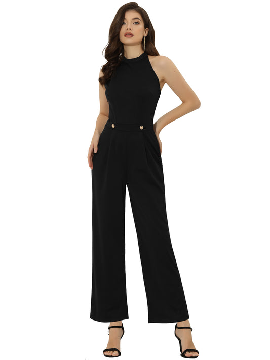 Women's Summer Halter Tie Back Backless High Waist Wide Leg Jumpsuit Romper