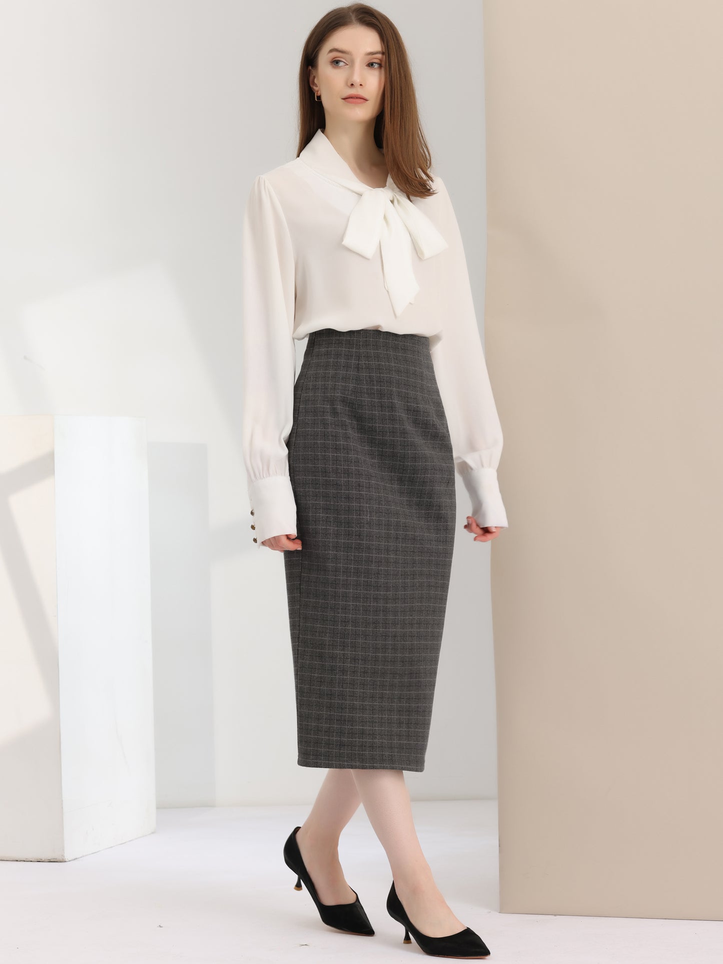 Women's Plaid Pencil Skirt High Waist Zipper Back Split Work Bodycon Midi Skirt