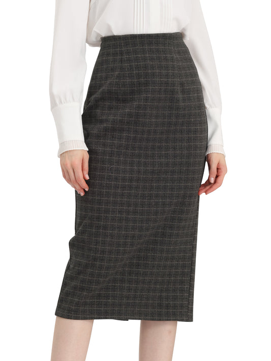 Women's Plaid Pencil Skirt High Waist Zipper Back Split Work Bodycon Midi Skirt