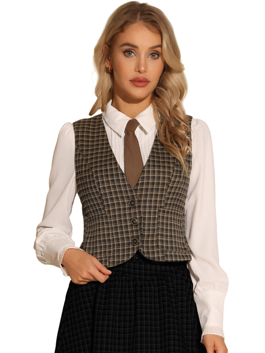 Women's Single Breasted Sleeveless Racerback Waistcoat Plaid Vest