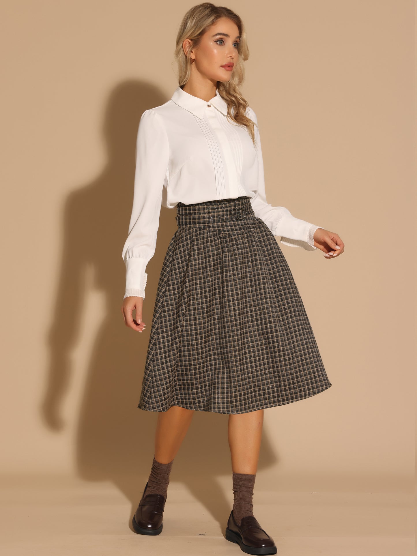 Falda midi de corte A con cinturón y cuadros vintage para mujer