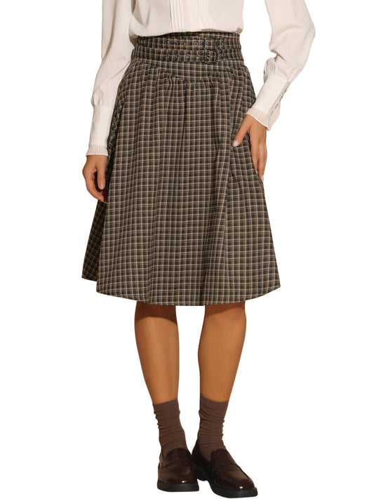 Falda midi de corte A con cinturón y cuadros vintage para mujer