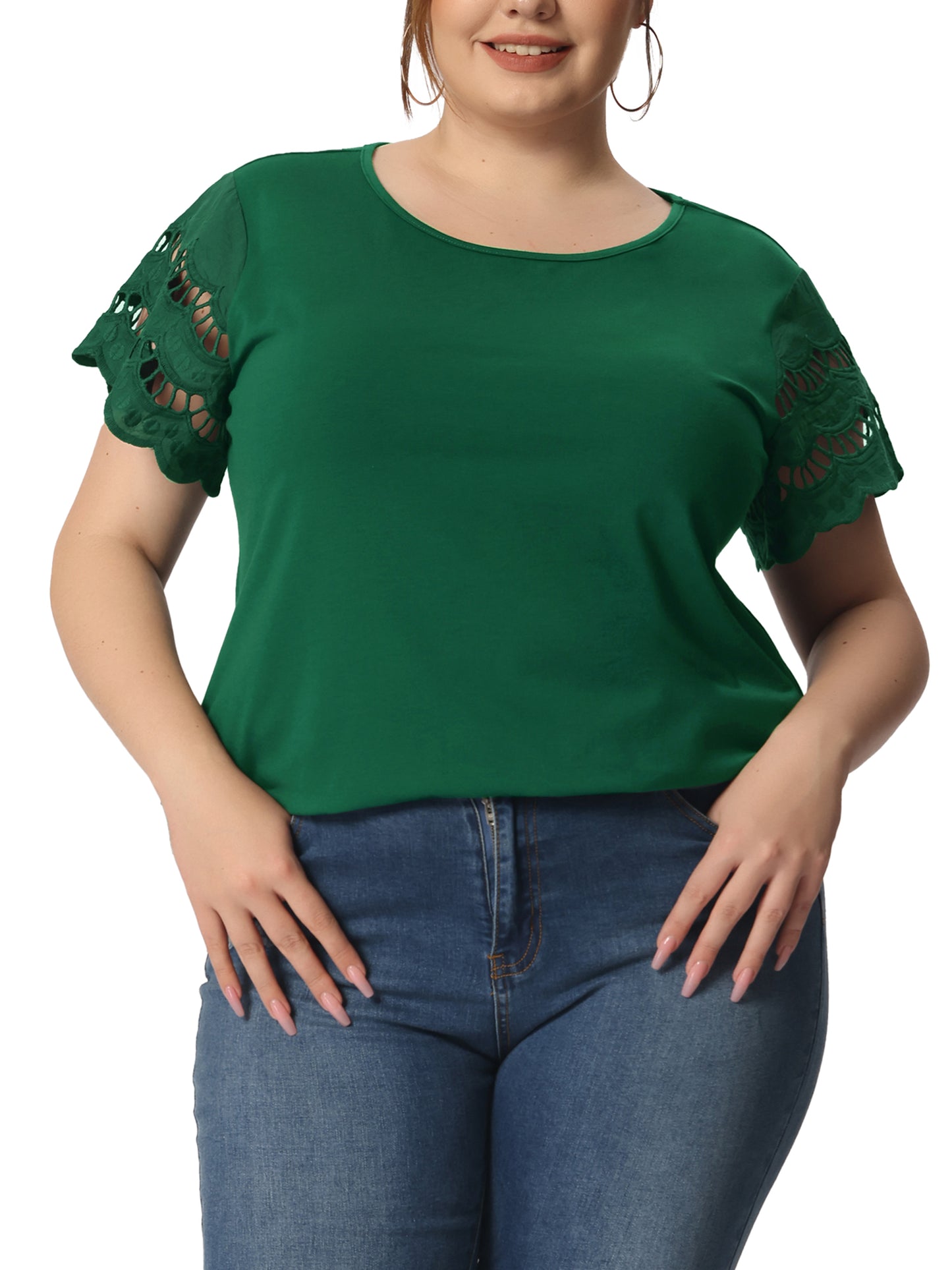 Women's Plus Size Top Round Neck Lace Panel Hollow Short Sleeve Elegant Summer Blouse